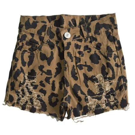 Summer Fashion Baby Girl's Clothes Denim Tear Jeans Leopard Print Adjustable Waist Ceetah Comfortable Elastic Boutique Denim Shorts