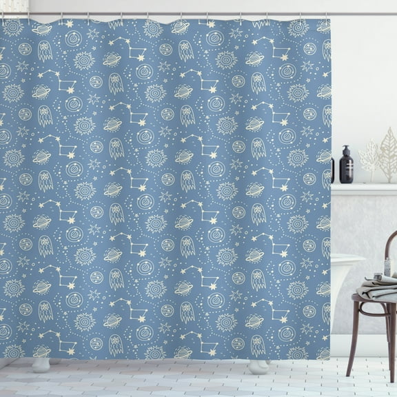 Nursery Space Shower Curtain, Image of Outer Space with Stars Comets and Related Cosmic Elements, Fabric Bathroom Set with Hooks, 69W X 75L Inches Long, Blue Grey Eggshell, by Ambesonne