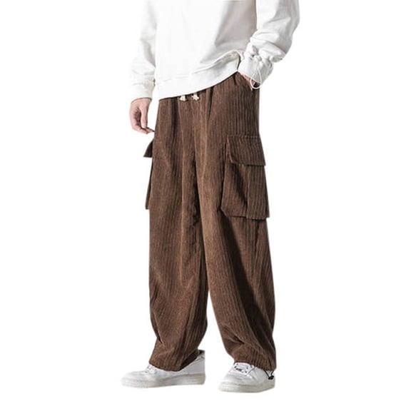 BOOMNY Men's Baggy Pants Solid Color Corduroy Cargo Pants for Men Wide Leg Plus Size Loose Warm Fall Winter Trousers With Pocket