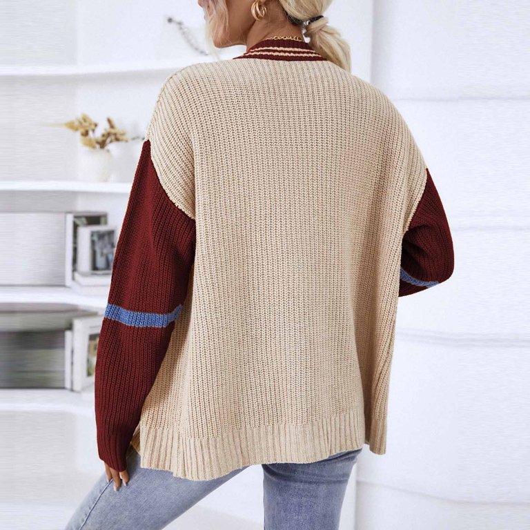 RYRJJ 2023 Fall Cardigan Sweaters for Women Color Block Striped V-Neck  Cardigans Long Sleeve Button Down Open Front Casual Cable Knit Sweater