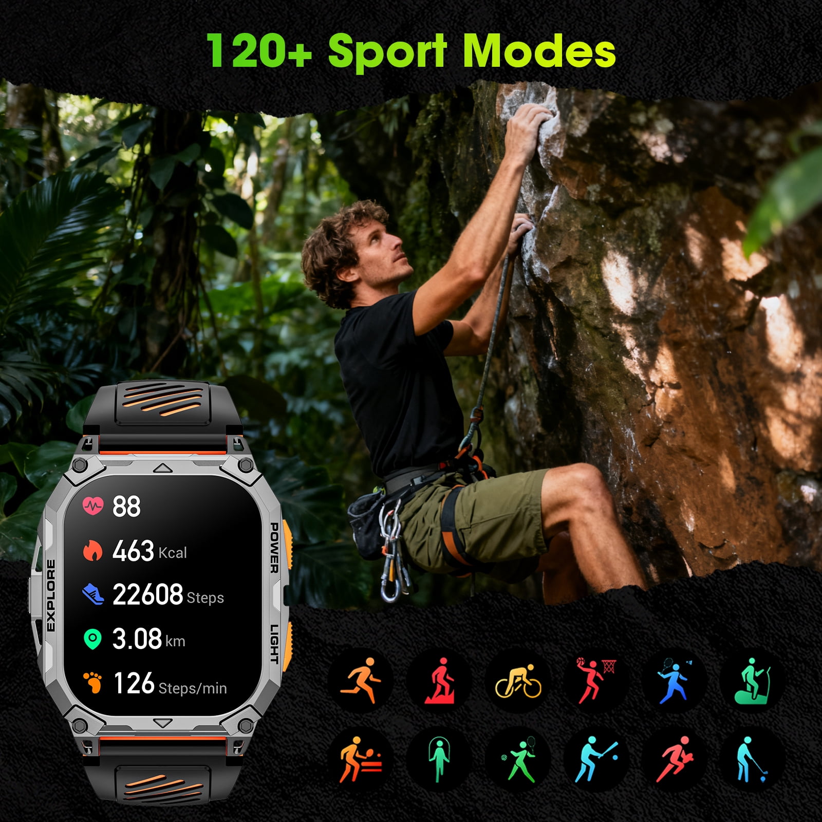 Haulvean Military Smart Watch for Men 2.01 inch with 1000mAh/IP68 Waterproof/Answer/Make Calls/100+ Sport Modes/Outdoor Sports/Fitness Tracker Watches fits for Android and Iphone Devices (Black)