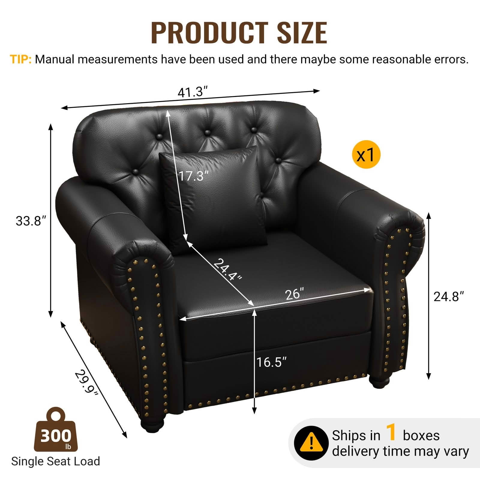 MAYEERTY 41.3" Upholstered Faux Leather Single Sofa, Mid‑Century Modern Chesterfield Accent Chair with Button Tufted, Nailhead Trim & Rolled Armrests, Includes 1 Pillow