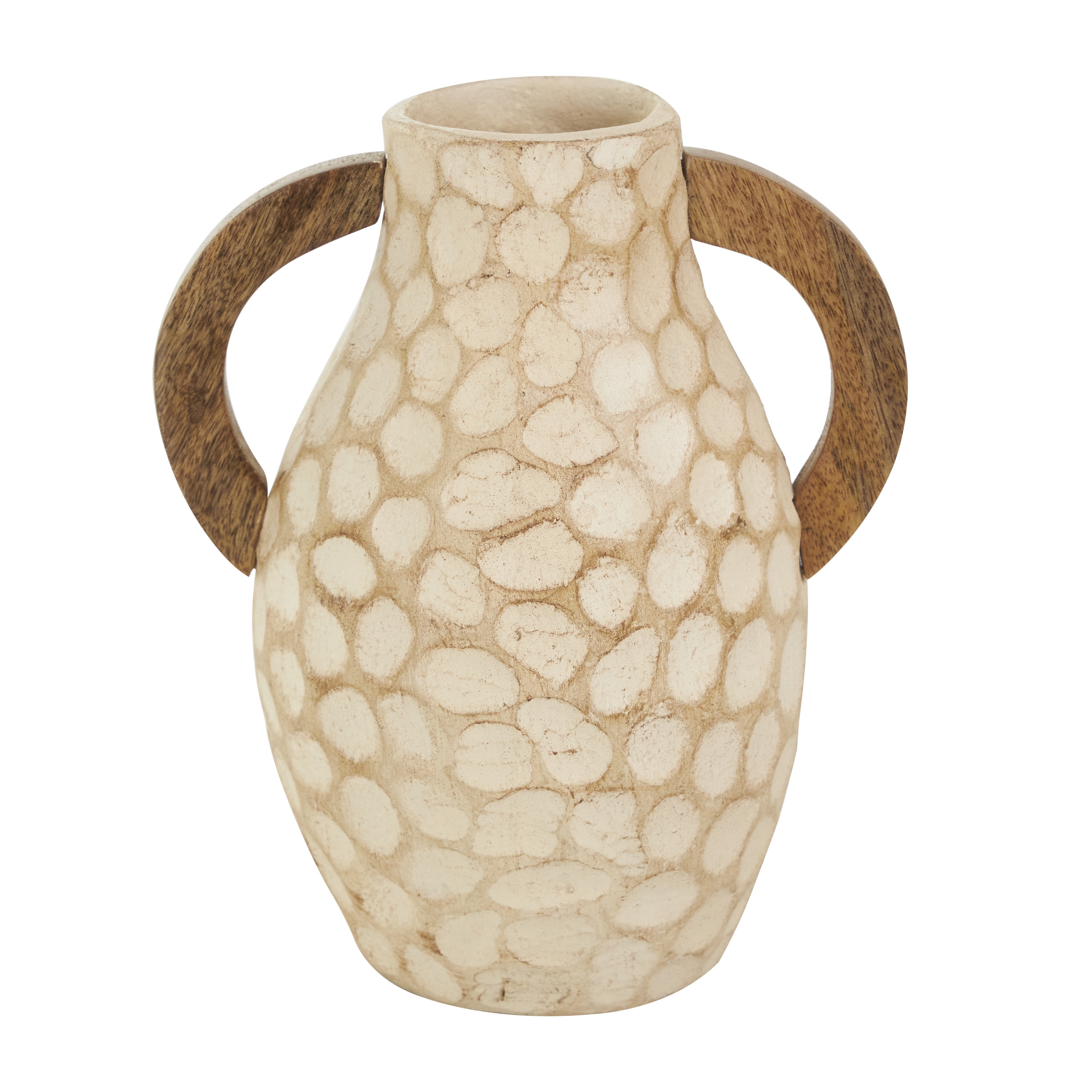 DecMode 6"W,9"H Honeycomb Inspired Jug Beige Paper Mache Vase with Brown Wooden Handles, Set of 2