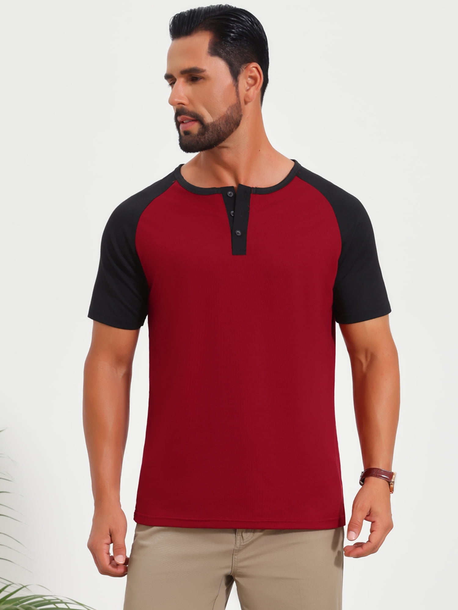 DARING DIVA Men's Henley Button Down Color Block Short Sleeve T-Shirt XL Burgundy