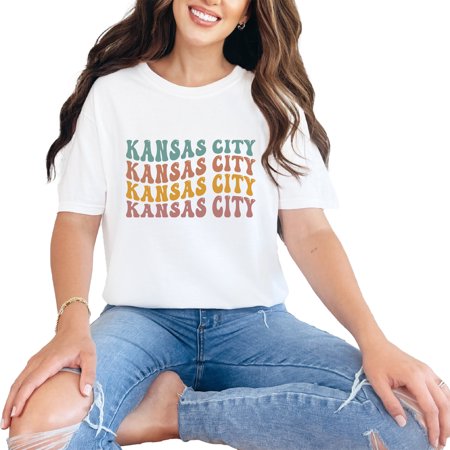 Kansas City, Missouri US or USA Cities, Groovy Retro Wavy Text, White Comfort Colors T-Shirt, Small