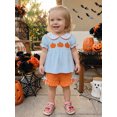 thumbnail image 4 of RUINIXCW Toddler Baby Girl Halloween Outfit Infant Baby Girls Summer Fall Clothes Pumpkin Embroidery Short Sleeve Doll Collar Striped Babydoll Shirt Tops and Shorts Set, 4 of 8