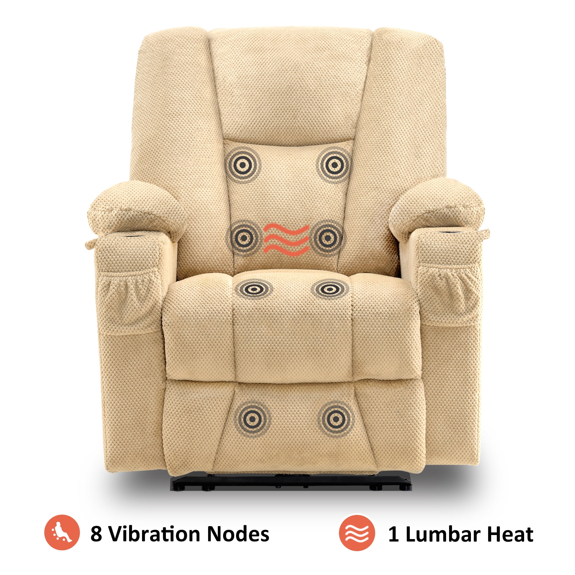 MCombo Electric Power Recliner Chair with Massage & Heat, Extended Footrest, USB Ports, 2 Side & Front Pockets, Cup Holders, Beige Plush Fabric 8015