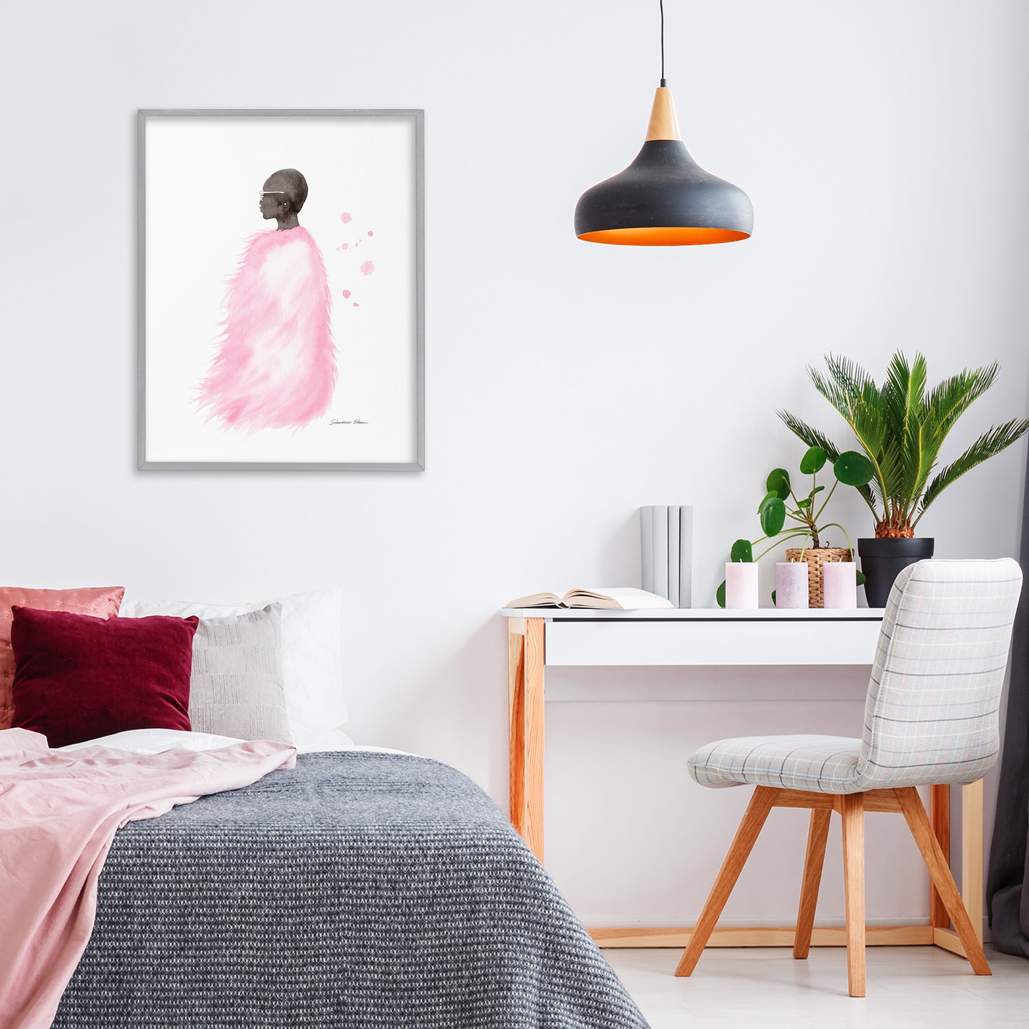 Stupell Industries Pink Fur Coat Portrait Gray Framed Giclee Art, design by Simone Elum