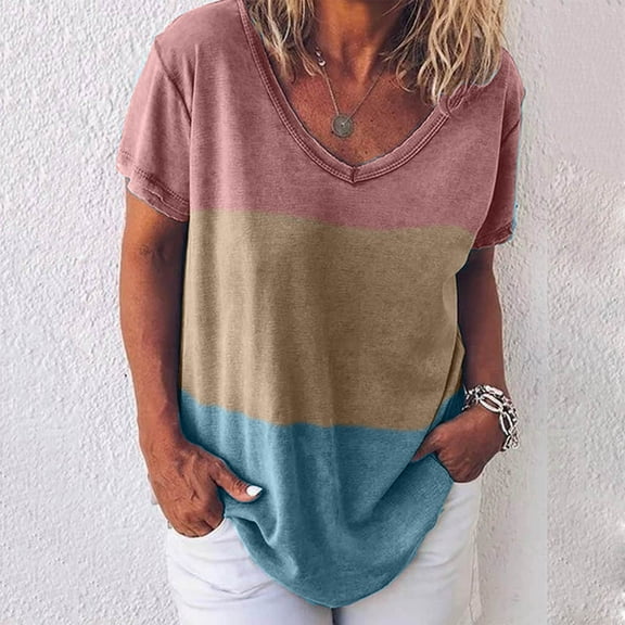Womens T Shirts Casual Women Letters Striped Print Shirt V-Neck Short Sleeve Tee Tops Tunic clothes under $10.00