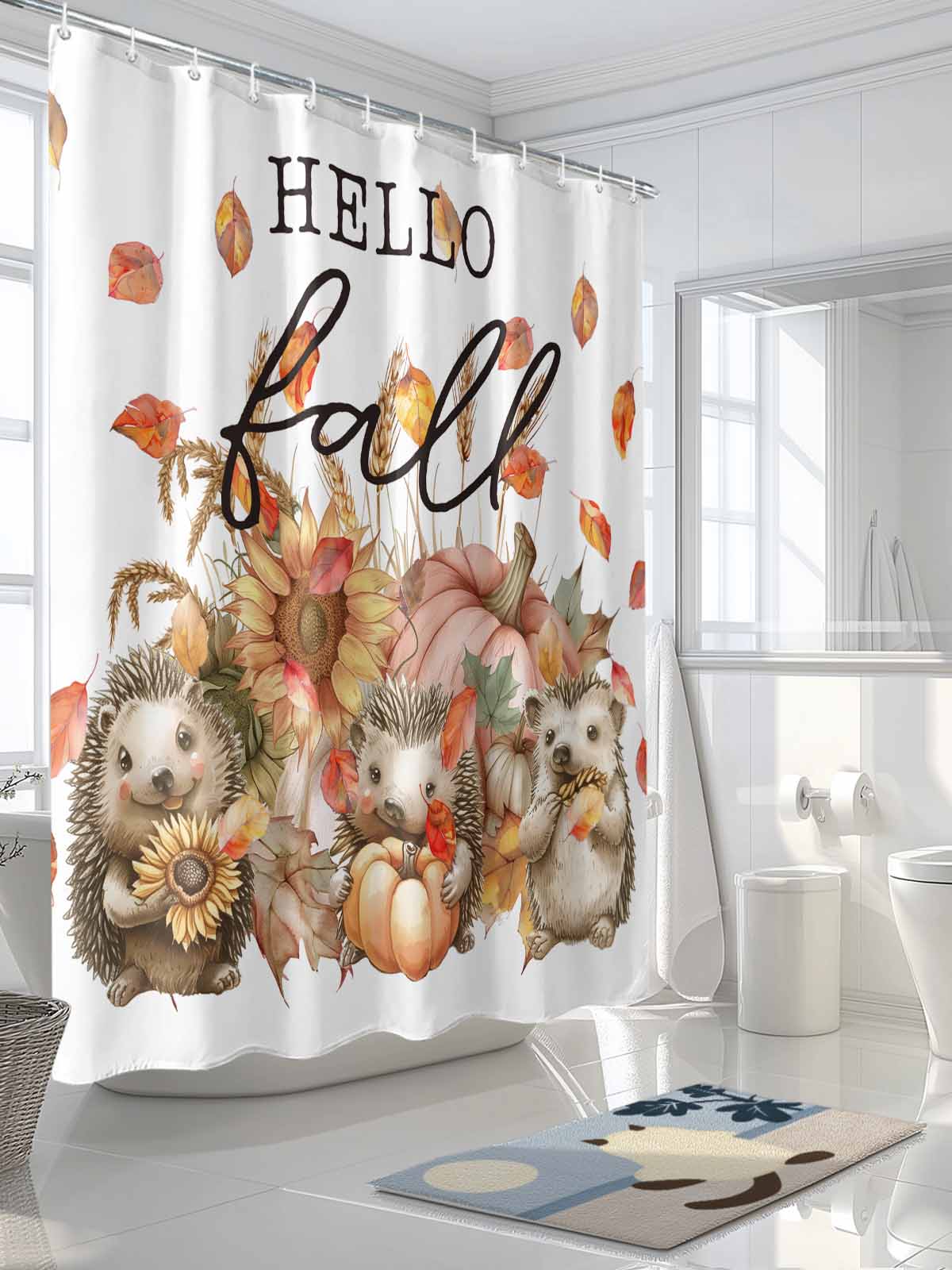 Hello Fall Shower Curtain Set, Waterproof Shower Curtains for Bathroom, Hedgehog Pumpkins Maple Leaf Washable Fabric Cloth Bath Curtain for Bathtub Decoration with Hooks 72x78 Inches