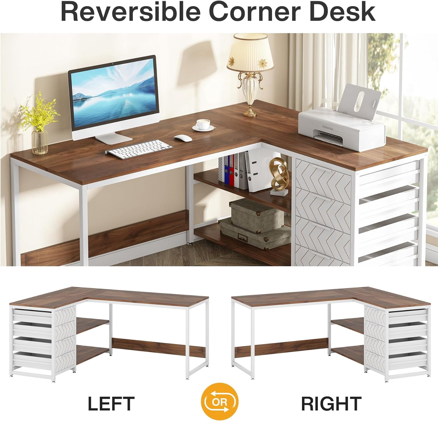 Tribesigns L Shaped Computer Desk, 59" Modern Reversible Office Corner Desk for Home Office, Walnut