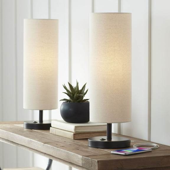 360 Lighting Heyburn Modern Accent Table Lamps 20" High Set of 2 Bronze with USB and AC Power Outlet in Base Oatmeal Cylinder Shade for Bedroom Desk