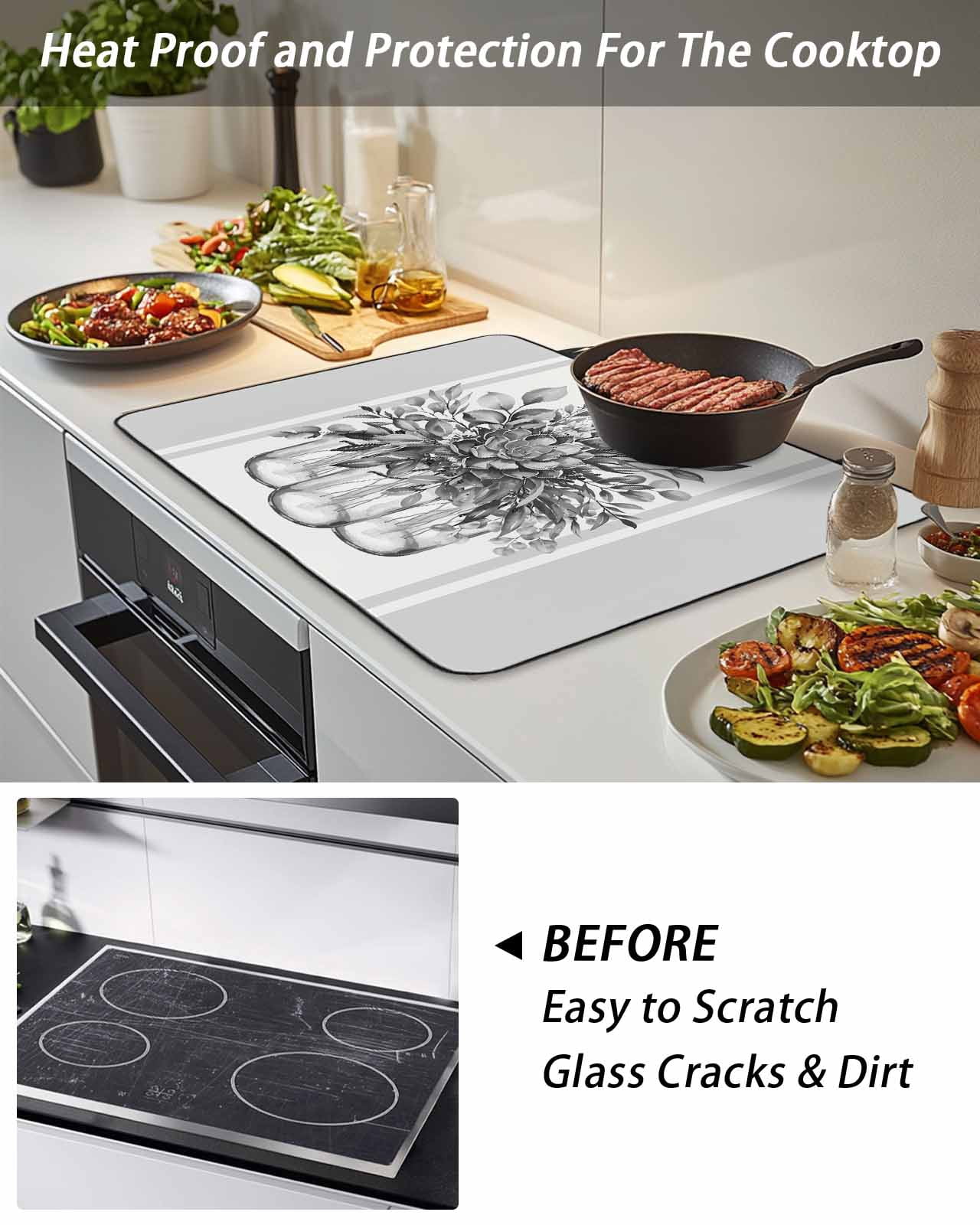 Stove Top Covers for Electric Stove, Eucalyptus Gray Glass Stovetop Cover Protector, Stripes Bottle Flower Cactus Plant Induction Cooktop Protector Oven Mat for Kitchen Countertop 24"x21"