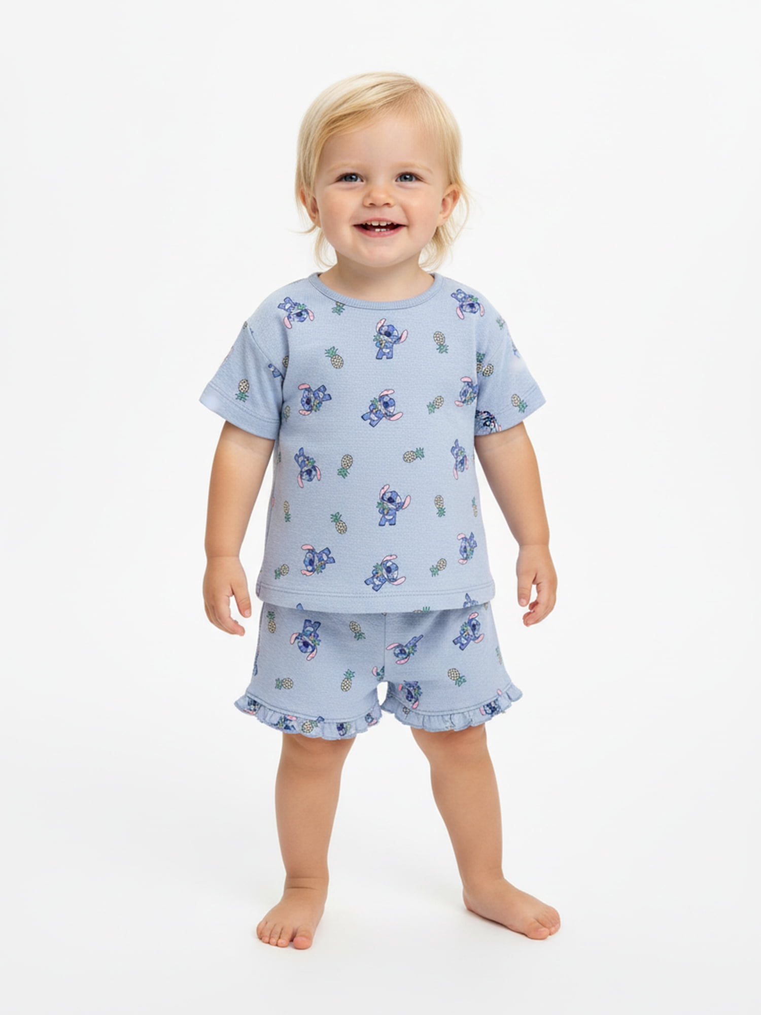 Lilo & Stitch Baby Girls Pineapples Textured Knit Top and Ruffle Shorts Set, 2-Piece, Sizes 0M-24M