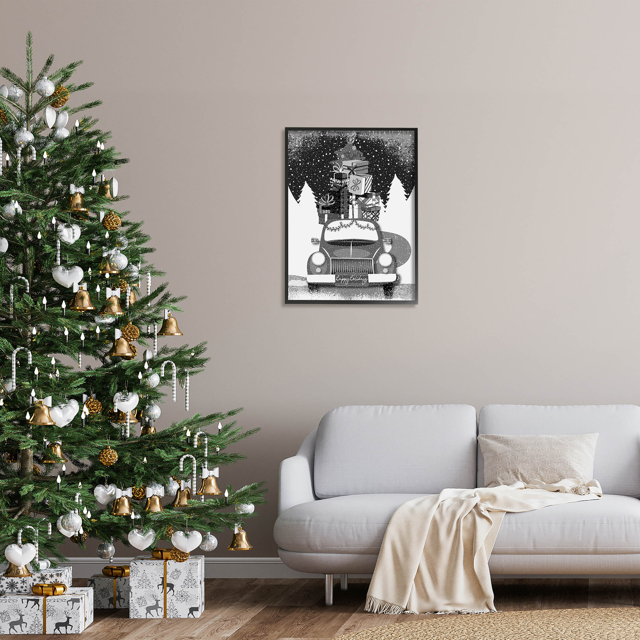 Stupell Industries Happy Holidays Gifts Car Graphic Art Black Framed Art Print Wall Art, Design by Andrea Jasid Grassi