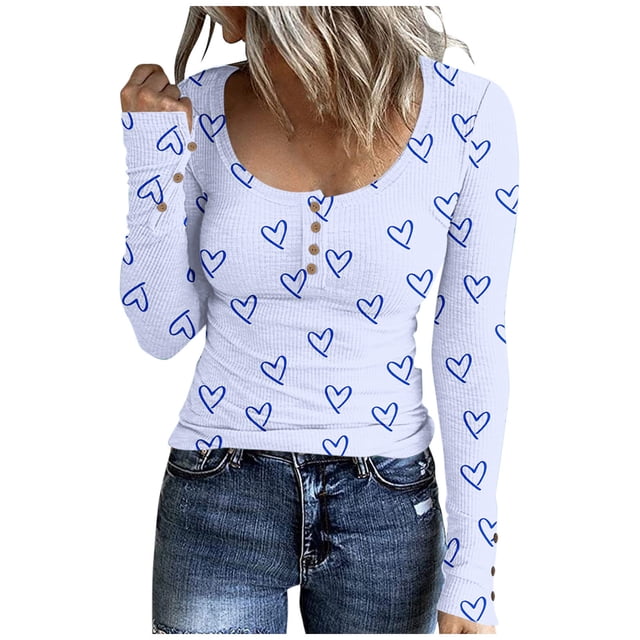 Bowake Tunic Tops for Women Heart Print Crewneck Button Long Sleeve Shirts Casual Slim Ladies Spring Fall Blouse