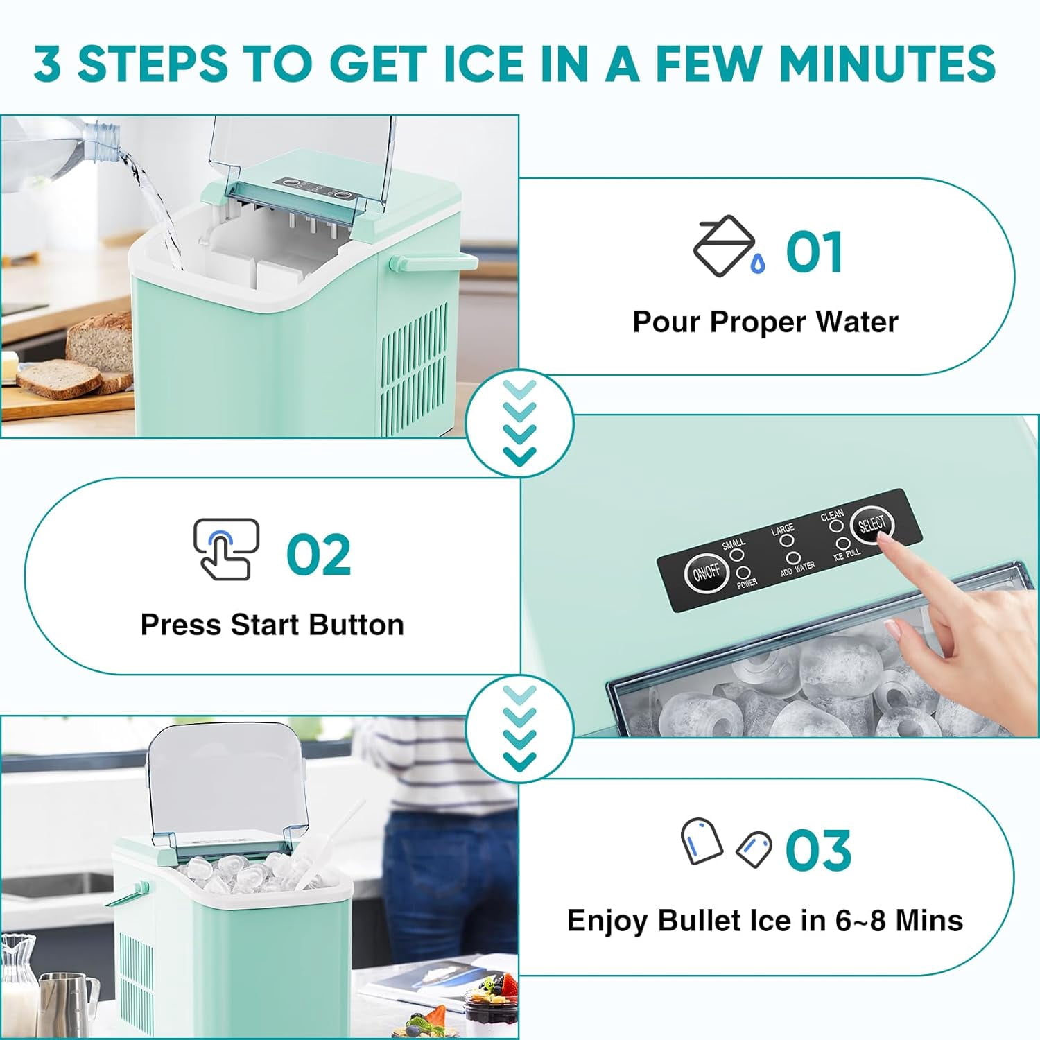 This countertop ice maker with a handle is portable and makes 9 bullet-shaped ice cubes in 6 minutes. It produces 26 pounds of ice in 24 hours, features automatic cleaning, and comes with a strainer
