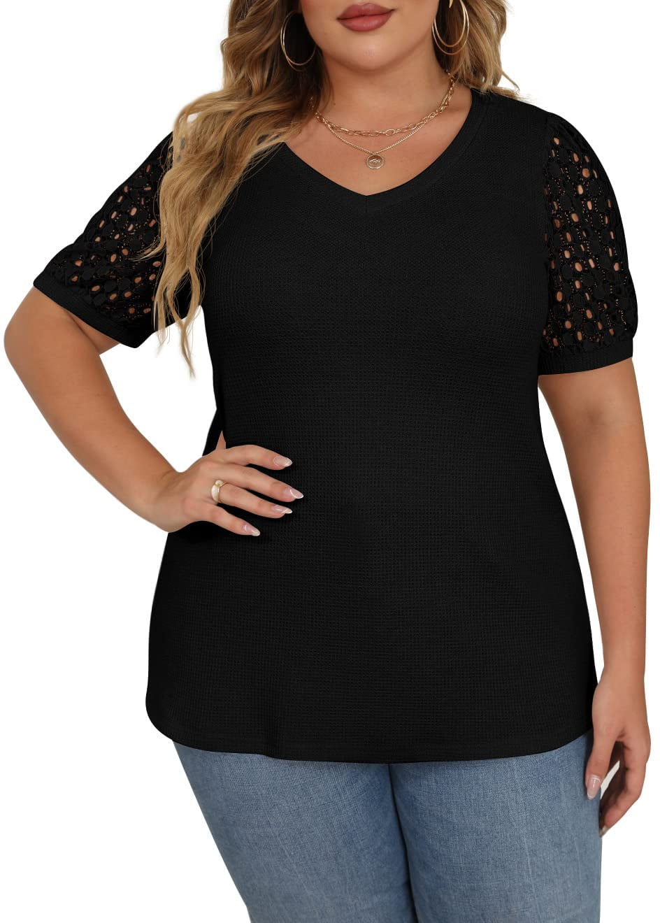 JWD Plus Size Tops For Women Summer Blouse Waffle Knit Short Lace
