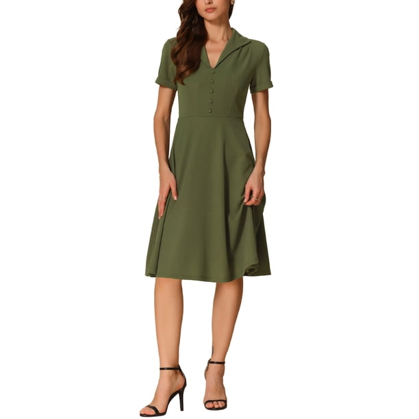 Vestidos Vintage INSPIRE CHIC para mujeres 2024, vestido de corte ajustado y acampanado de manga corta con cuello plano en verde ejército