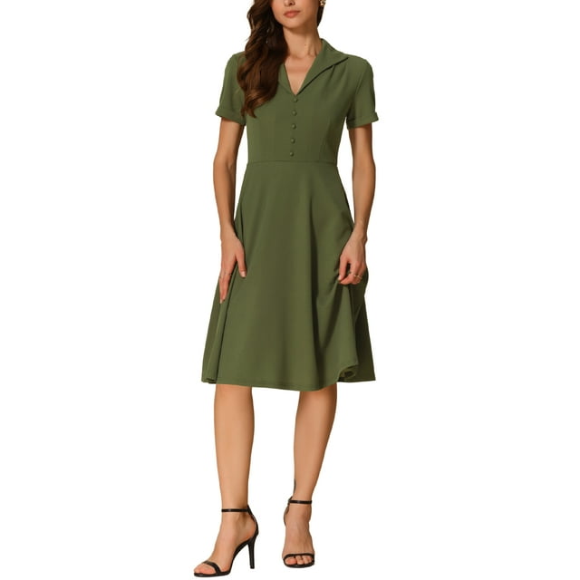 Vestidos Vintage INSPIRE CHIC para mujeres 2024, vestido de corte ajustado y acampanado de manga corta con cuello plano en verde ejército