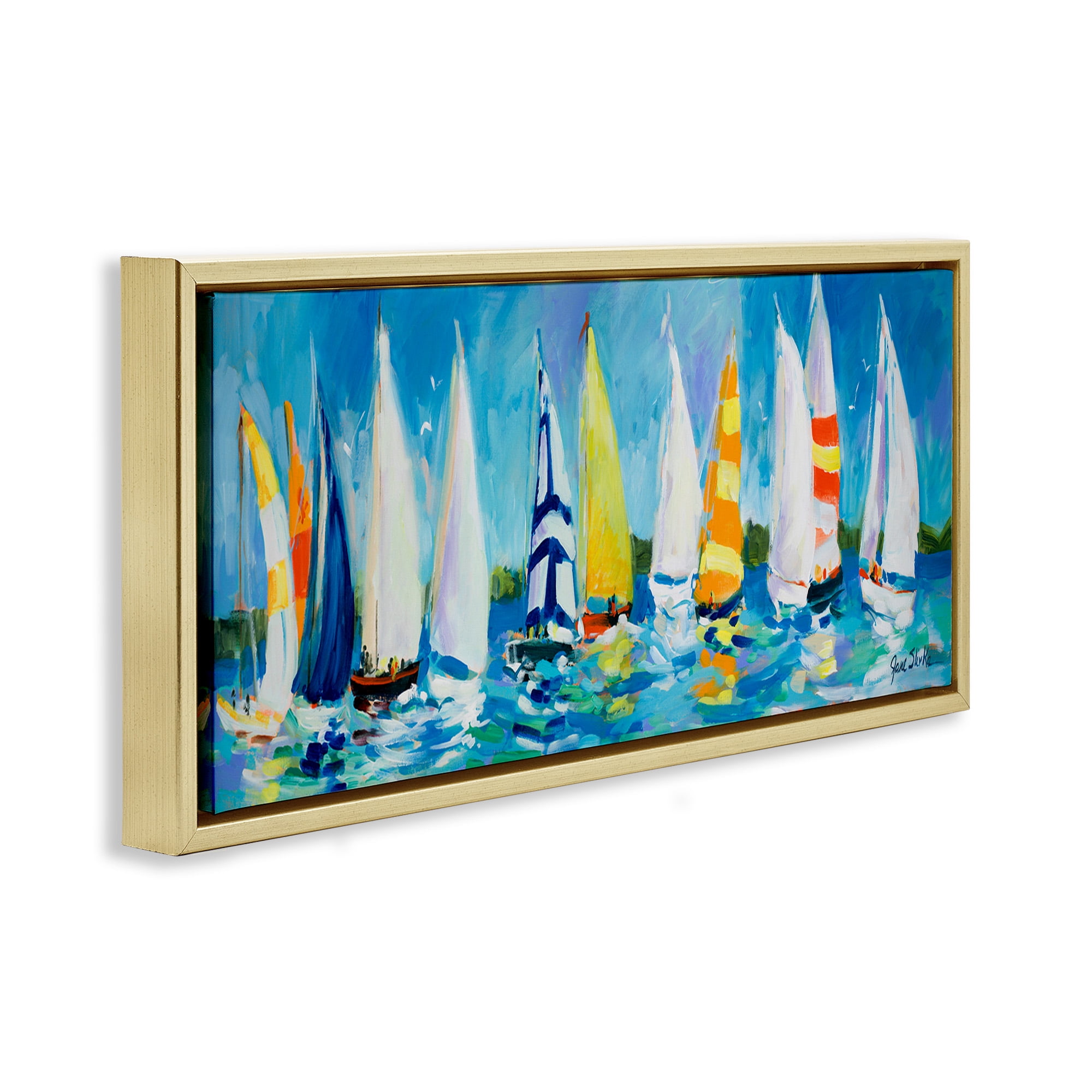 Stupell Industries Regatta Sailboat Fleet Transportation Painting Gold Floater Framed Canvas Art Print Wall Art, 31 x 14