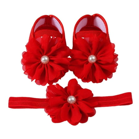 

Awevudst Baby Girl Mary Jean Shoes Bead Flower Walking Shoes with Headband