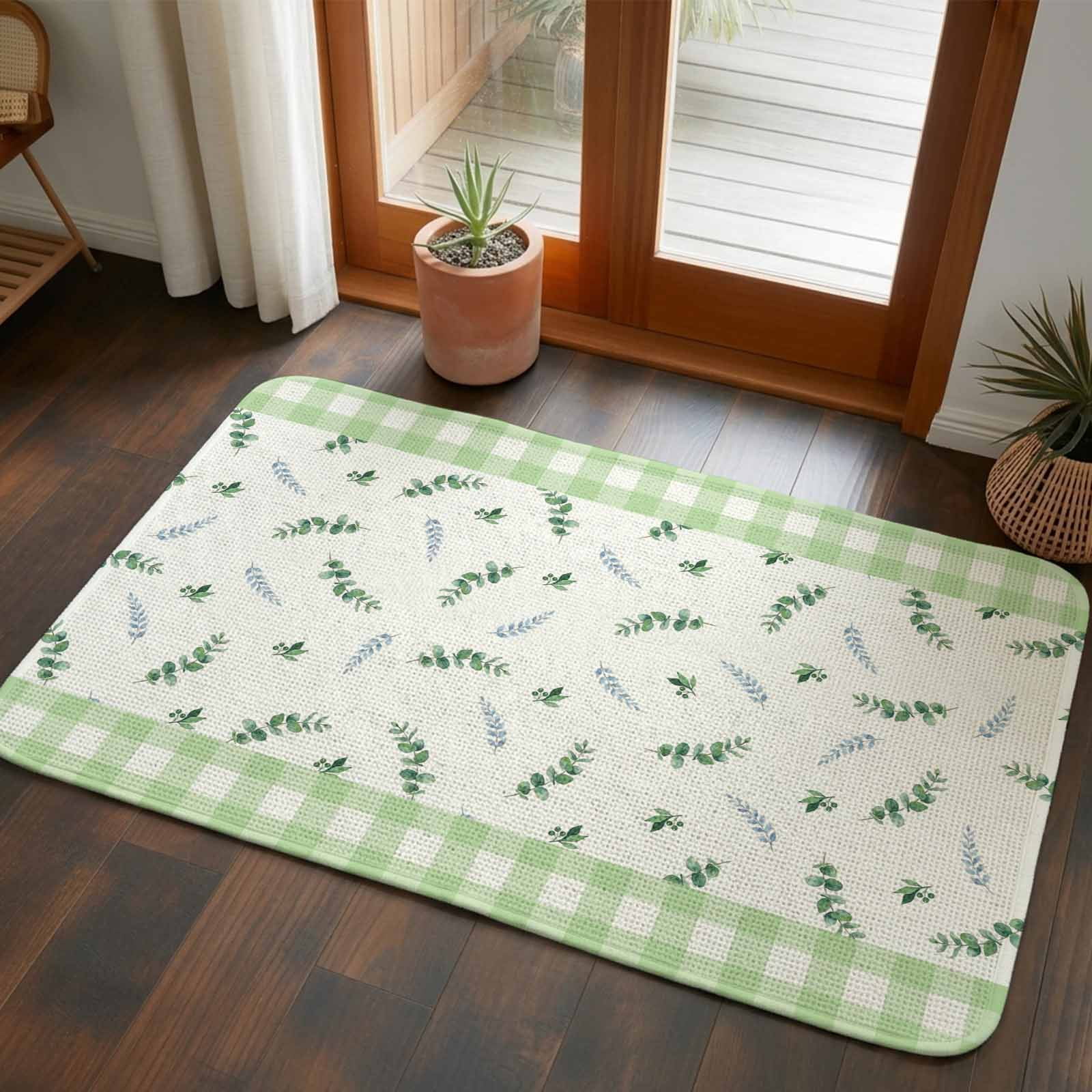 Doormat Green Eucalyptus Leaves Front Door Mat Entrance Soft Non Slip Absorbent Doormats Checkered Plaid Welcome Floor Mat Rugs for Entryway Porch Bathroom Bedroom Kitchen Indoor Outdoor 20"x32"