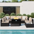 thumbnail image 5 of Walsunny 8 Pieces Patio Wicker Rattan Fire Pit Furniture Conversation Sets with Outdoor Sectional Sofa,45" Gas Propane Fire Pit Table,Glass Coffee Table,Black Rattan Khaki Cushion, 5 of 9