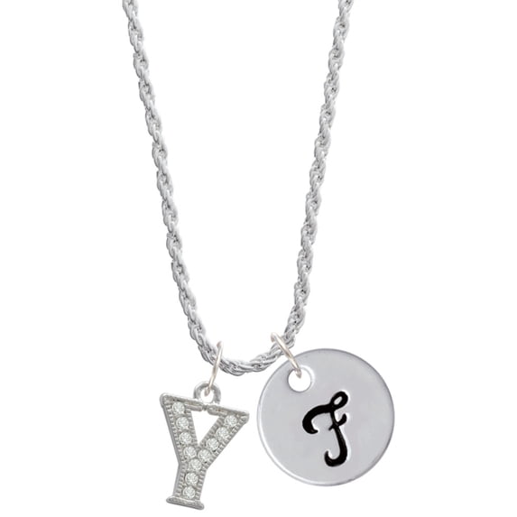Delight Jewelry Silvertone Crystal Initial - Y - Silvertone Script Initial Disc - F - Charm Necklace, 20"+3"