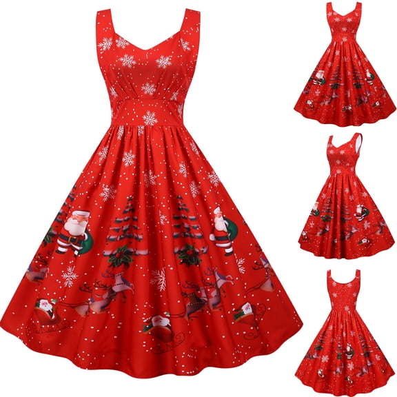 BLTIBY Women's Christmas Dress Printed Pleated Swing Dresses Xmas Sleeveless V Neck Cocktail Prom Party Dress Fashion Outfits 2024 Red XXL