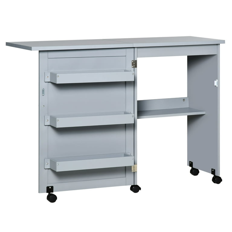Tomshoo Folding Sewing Table Rolling Utility Work Station & Side Desk w/  Storage Bins 