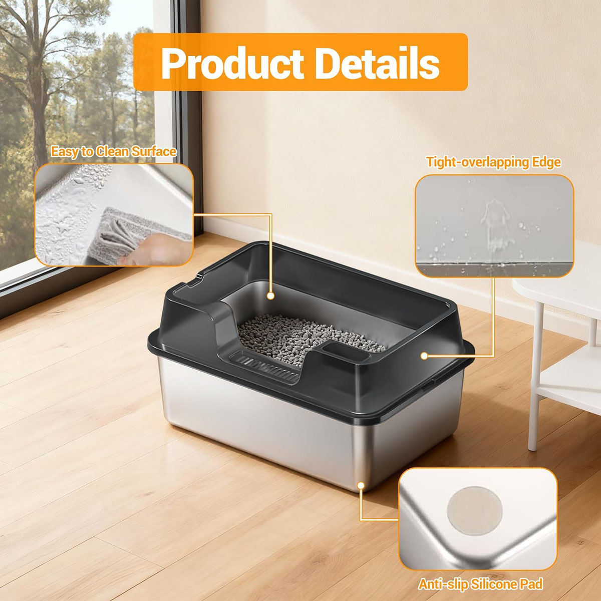Ataucjin Extra Large Enclosed Stainless Steel Cat Litter Box, Metal Litter Pan for Big Cats, High Wall Sides & Non-Stick Bottom, Anti-Leakage & Odor-Resistant, Easy to Clean for All Cats