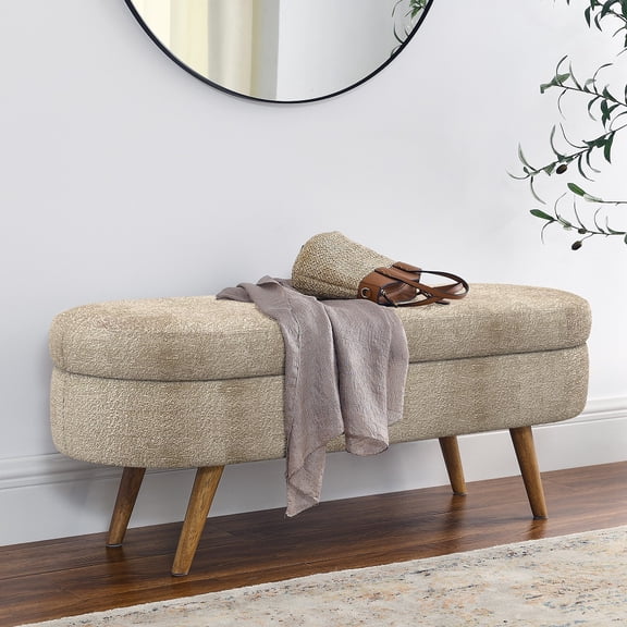43.5" Oval Storage Bench with Rubber Wood Legs, Brown Fabric Ottoman, 250lbs Capacity for Entryway & Living Room