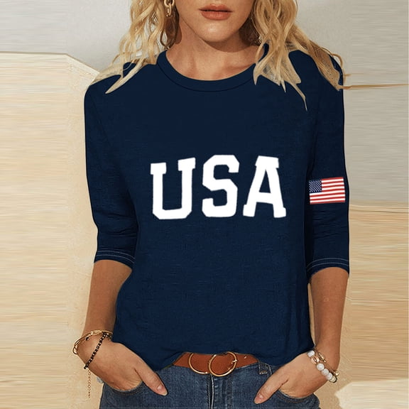 Avrnliq Womens Patriotic USA 3/4 Sleeve Crew Neck T-Shirt American Flag Print Casual Soft Stretch Plus Size Holiday Top Dark Blue,Size 2XL