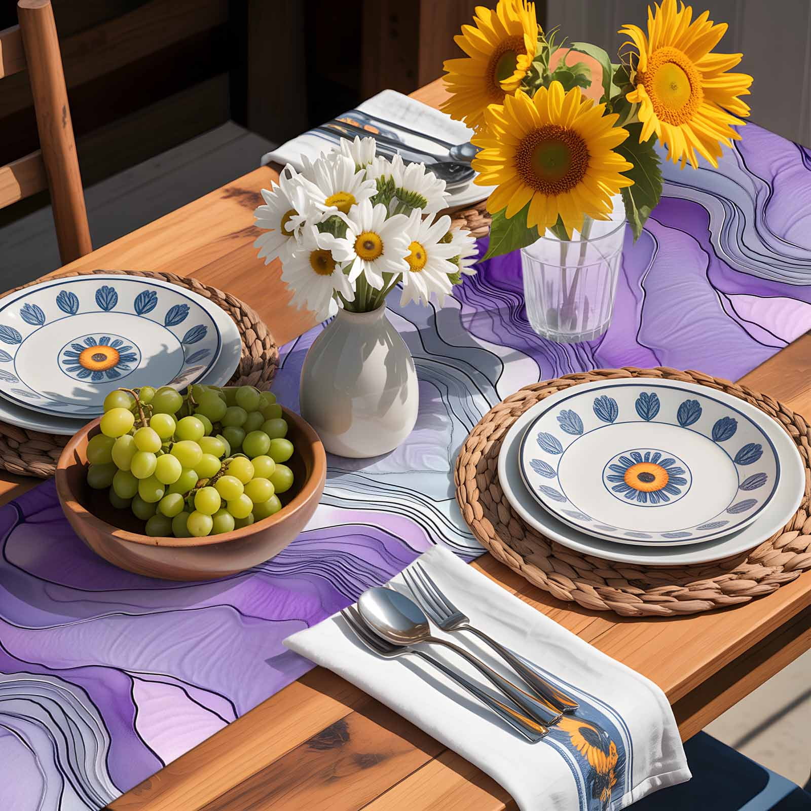Abstract Art Purple Gray Wave Table Runner 90 Inches Long, Vintage Marble Texture Table Runners Tabletop Scarf Kitchen Dining Tables Decoration for Home Party Indoor Outdoor
