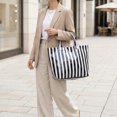 thumbnail image 4 of HUISZJ PVC Striped Tote Bag, Stylish Canvas Handbag, Large Capacity Portable Travel Shoulder Bag for Commuting Work Travel (Black), 4 of 6