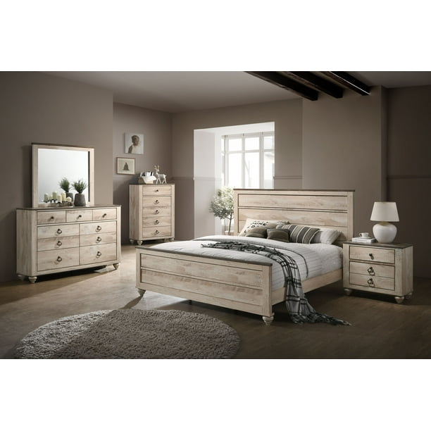 Roundhill Imerland Contemporary White Wash Finish Bedroom Set, Queen ...