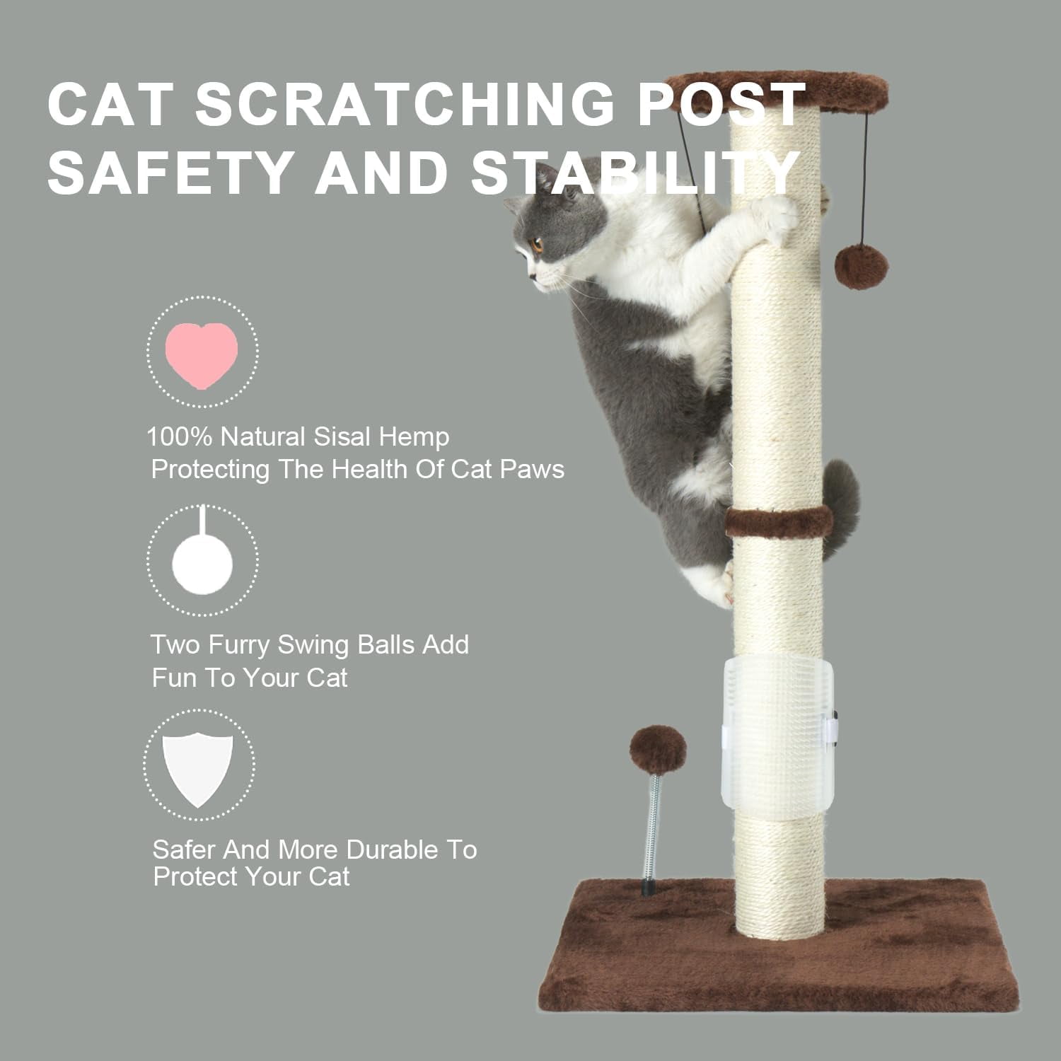 32" Tall Cat Scratching Post Sisal Scratch Posts with Hanging Ball and Self-Massage Brush Vertical Scratcher for Indoor Cats and Kittens(Light-Gray 32inches)