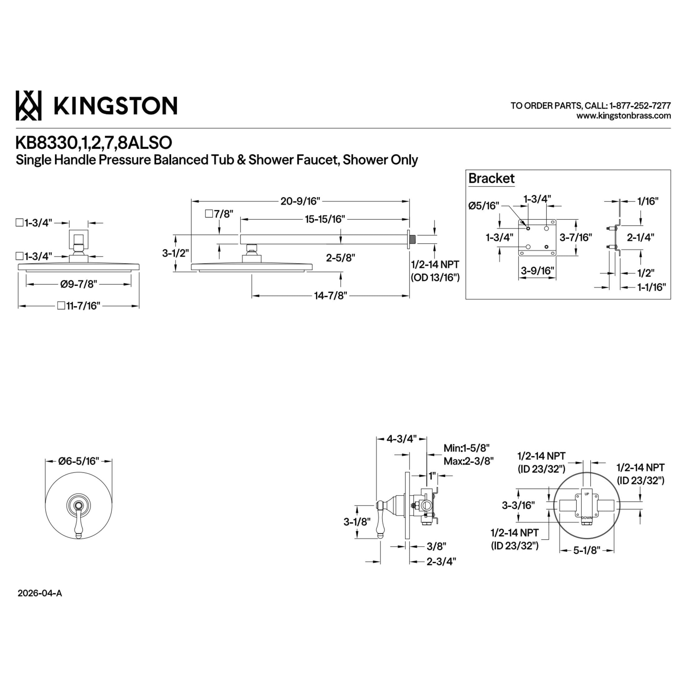 Kingston Brass KB8338ALSO Restoration Single-Handle Pressure Balanced Shower Faucet, Brushed Nickel