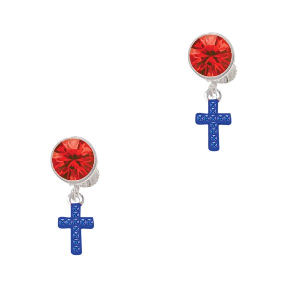 Delight Jewelry Silvertone Small Blue Crystal Cross Red Crystal Clip on Earrings