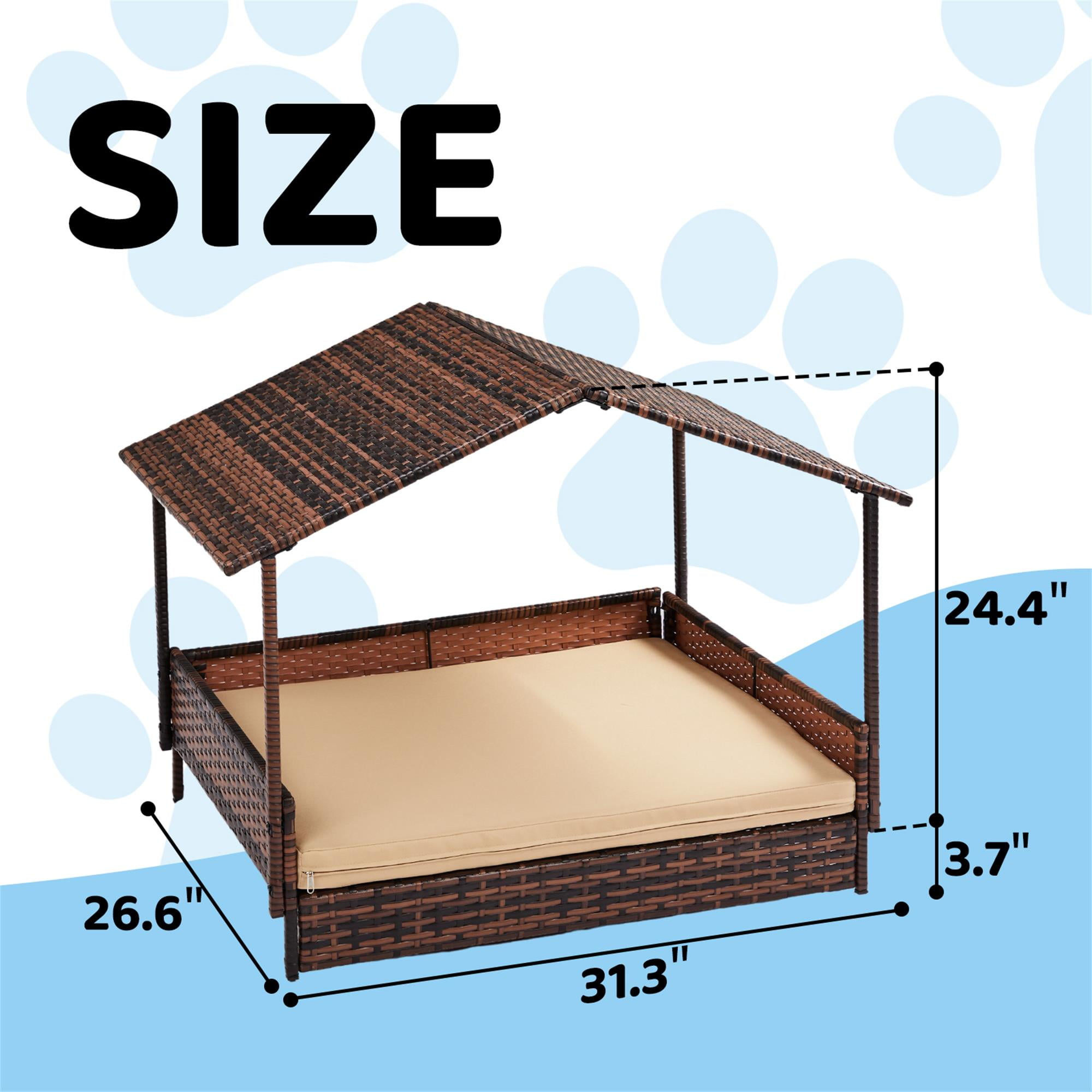 Kadyn 38" Outdoor Wicker Dog House with Canopy, Elevated Rattan Dog Bed for Medium Dogs, Indoor Dog Sofa with Washable Cushion Cover, Brown