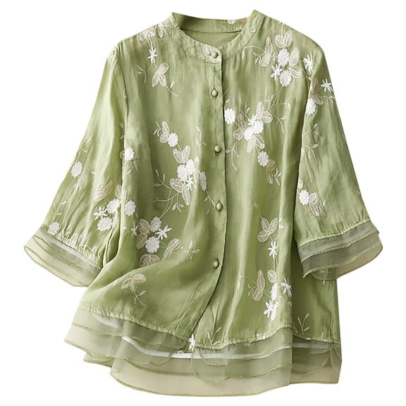 Womens Shirts Retro Embroidered Patchwork Elegant Spring Summer T Shirts for Women Green L