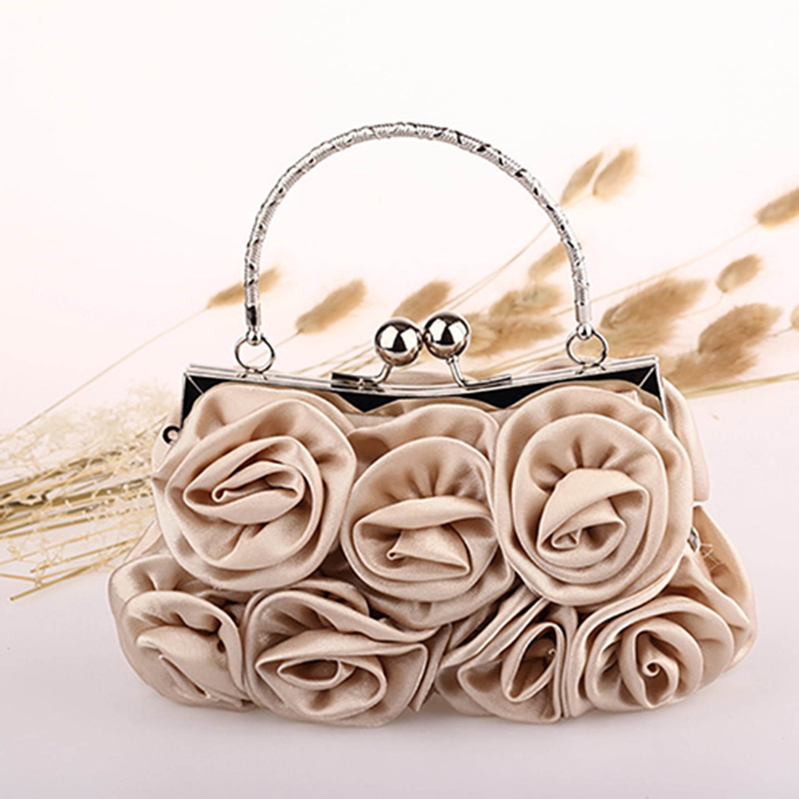 opvise Women Rose Flower Pattern Faux Silk Handbag Bridal Clutch Bag for Wedding Evening Party