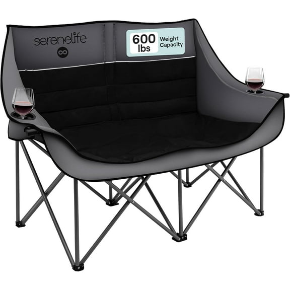 Portable Folding Double Camping Loveseat Chair with Wine Glass Holders – Ideal for Beach or Outdoor Use (Black)