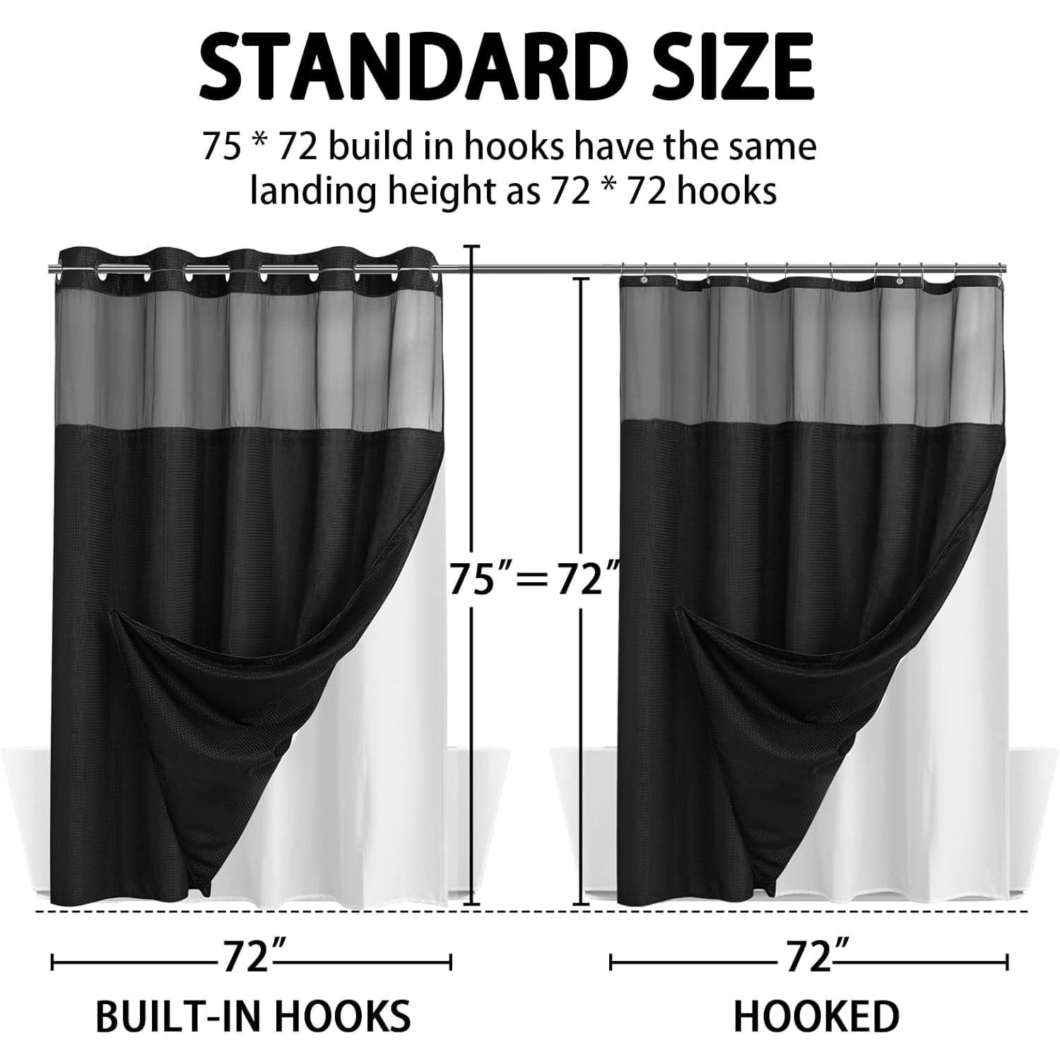 DawnJoanHD Waffle Weave No Hook Shower Curtain with Snap-in Liner, Black Polyester Fabric with See-Through Top Window, 72" x 75"