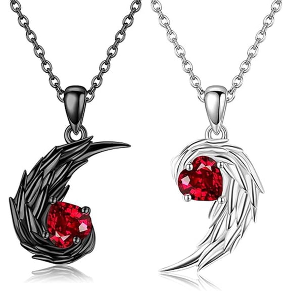 SLYNSHome Couples Necklace Valentine's Gifts Angel and Devil Necklace Wing Pendant with Crystal Heart Ornaments Couples Birthday Gift