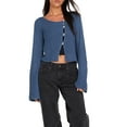 thumbnail image 2 of Arvbitana Women Trendy Cardigan Solid Color Crew Neck Sweater Knit Pullover Long Sleeve Button Closure T-shirt Fall Streetwear Cropped Tops, 2 of 5