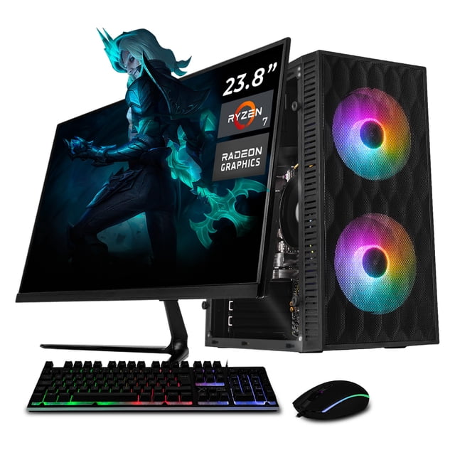 Computadora Escritorio Completa Xtreme PC Gaming AMD Radeon Vega Renoir Ryzen 7 5700G 16GB SSD 1TB Monitor 23.8 75Hz WIFI Black juegos casuales, trabajo y estudio