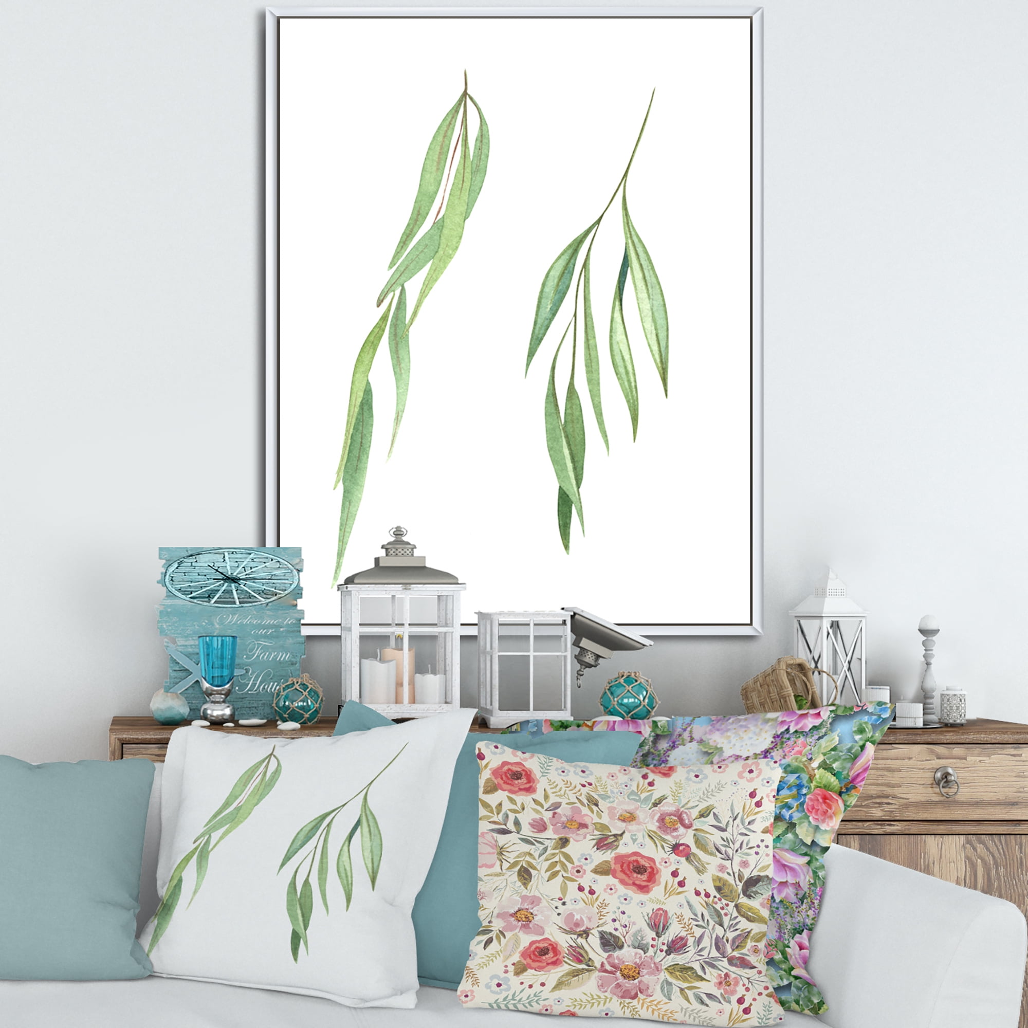 Designart 'Two Willow Branches On White' Farmhouse Framed Canvas Wall Art Print