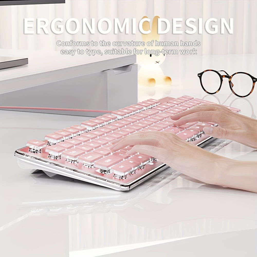 A stylish keyboard with an all-metal panel, 104-key wired connection, comfortable keycaps, silent buttons, and white backlighting. Suitable for gaming and office work, compatible with Windows laptops